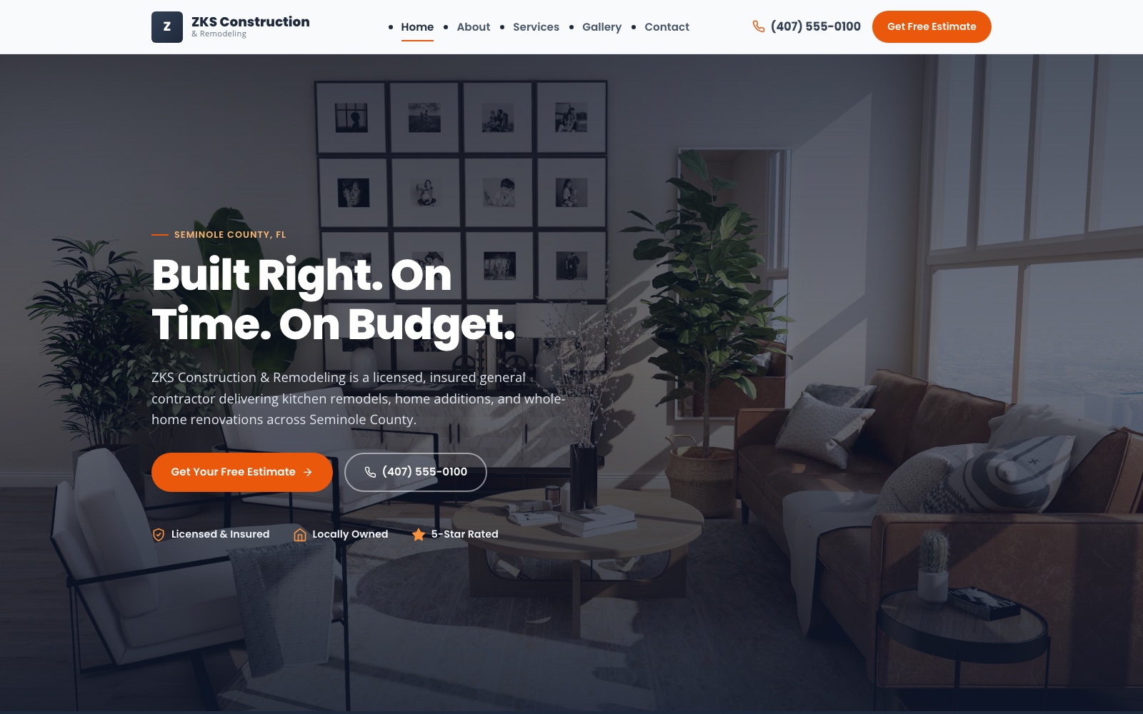 Example construction company website built by Understory