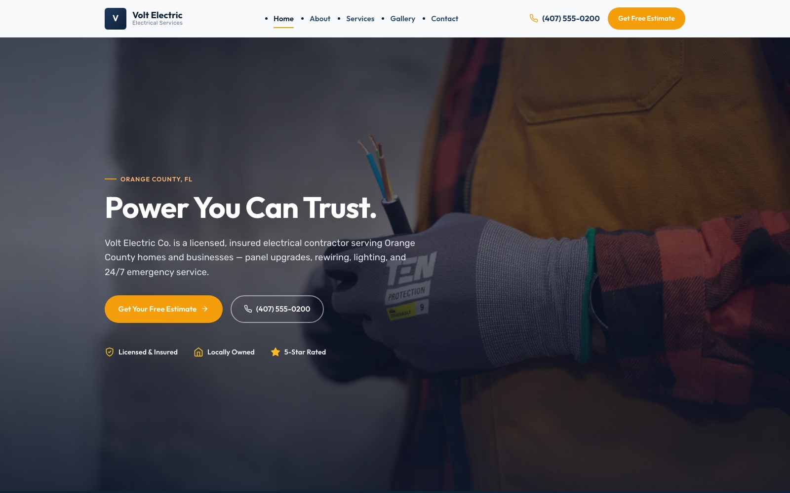 Example electrician website built by Understory